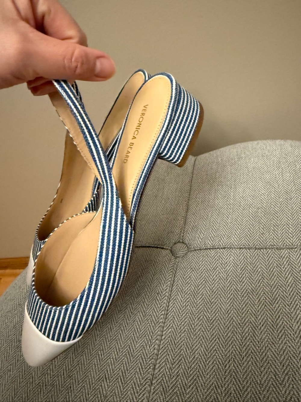 NEW Veronica Beard Blue Stripe and White Cap-Toe Slingback Mules - Picture 7 of 8